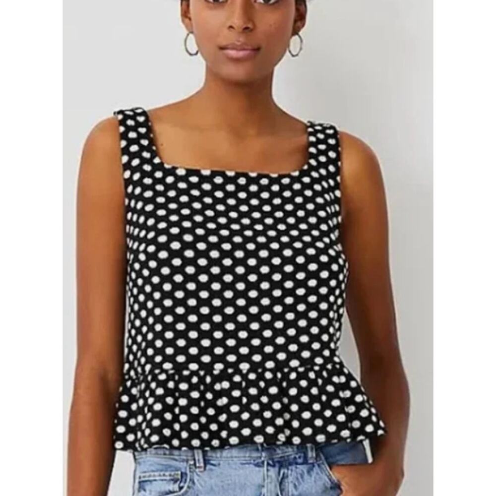ANN TAYLOR Size M Polka Dot Square Neck Peplum Tank Top Sleeveless Black White - Picture 3 of 7